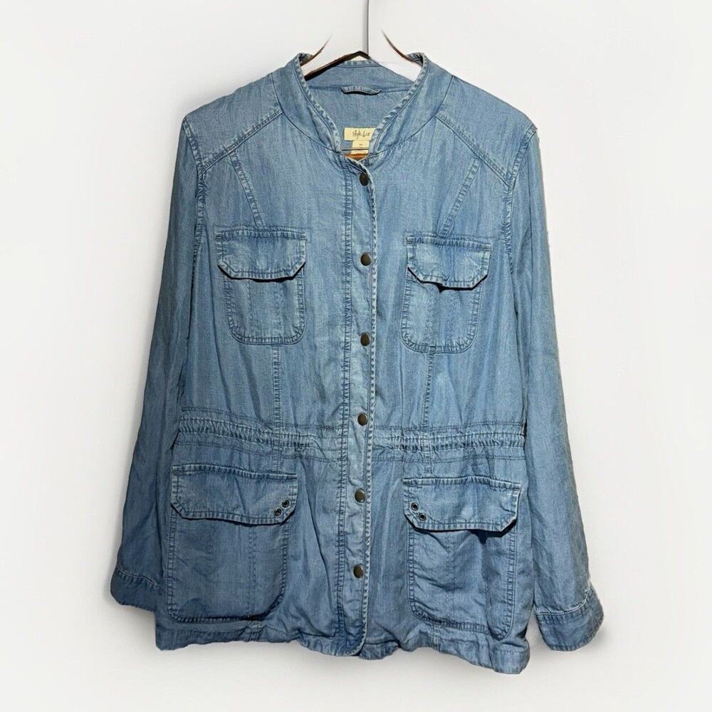 Style & Co Utility Jacket Roll Tab Sleeves Women’s Size XL Blue Chambray - Picture 5 of 9